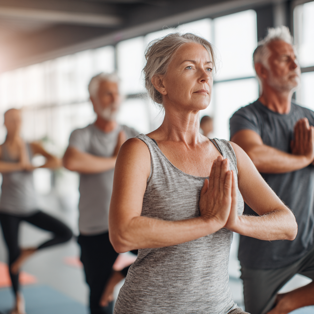 Diverse group of mature adults practicing yoga poses together in bright studio space