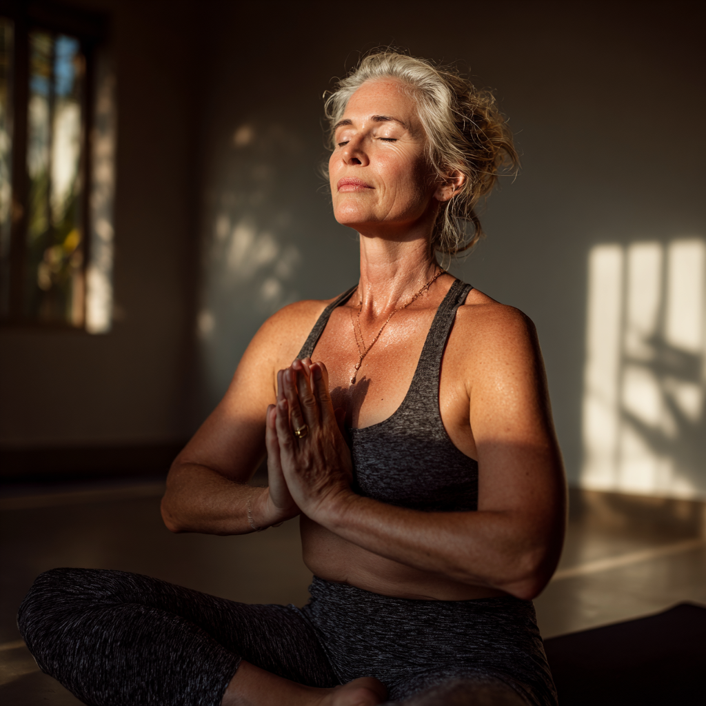 Serene middle-aged woman practicing meditation in peaceful yoga studio with natural lighting
